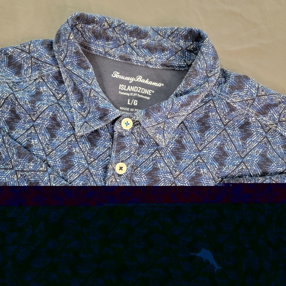 Tommy Bahama IslandZone Polo Shirt Men's Large Blue Argyle All Over Print UPF